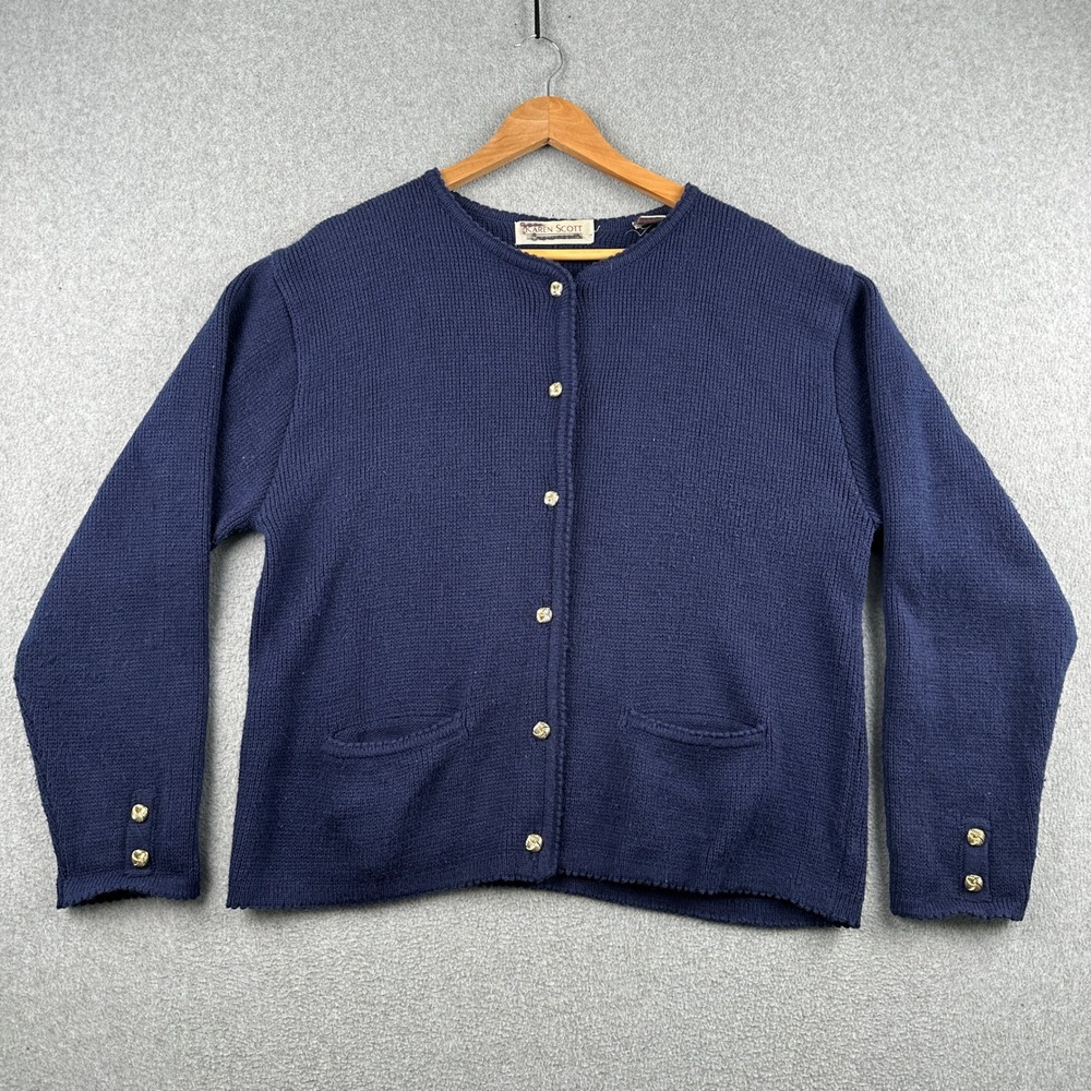 Vintage 80s Karen Scott Cardigan Womens L Blue Wool Blend Button Front Knit